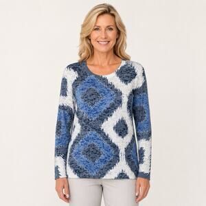 Before and Again Thermal Top Large Blue Blur Ikat Burn out Crewneck Pullover